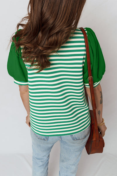 Women's Green Striped V-Neck Blouse with Puff Sleeves