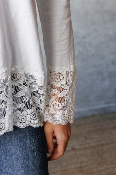 Women's Cotton Blend Lace-Trim Long Sleeve V-Neck Top