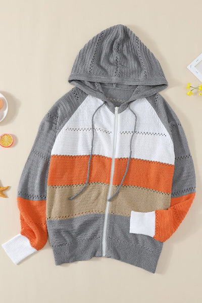 Stylish Women's Gray Colorblock Knit Hoodie with Zipped Front and Hollow-out Design for Comfortable Casual Outfits