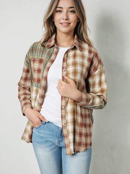 Rustic Brown Patchwork Plaid Shacket with Raw Edge Finishing
