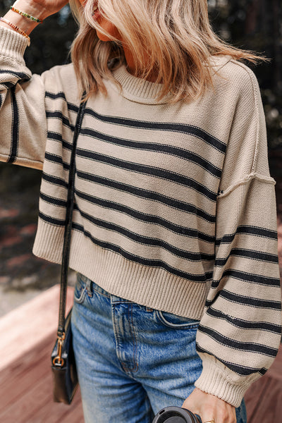 Cozy Women's Black Striped Puff Sleeve Sweater with Drop Shoulders - Trendy Ribbed Knitwear for Fall Fashion