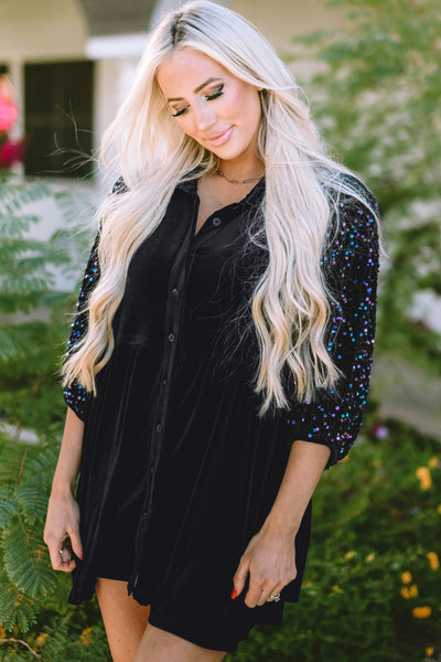 Chic Women's Black Velvet Peplum Blouse with Sequin Puff Sleeves Stylish Button-Up Top for Special Events