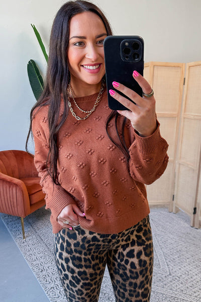Women's Cozy Clay Flower Knit Sweater - Drop Shoulder, Solid Color, Perfect for Casual Outings and Everyday Wear