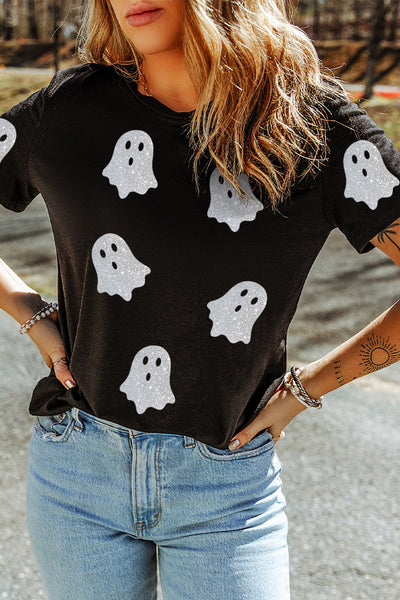 Women's Black Glitter Ghost Pattern Crew Neck Halloween T-Shirt - Fun & Festive Casual Wear for Spooky Season
