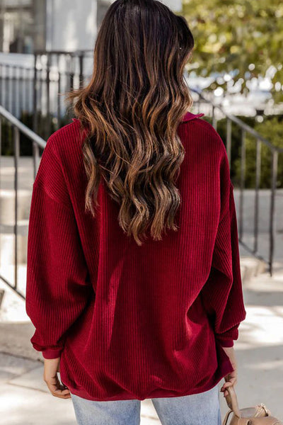 Cozy Women's Red Dahlia Quarter Zip Corduroy Pullover Sweatshirt with Drop Shoulders for Casual Style