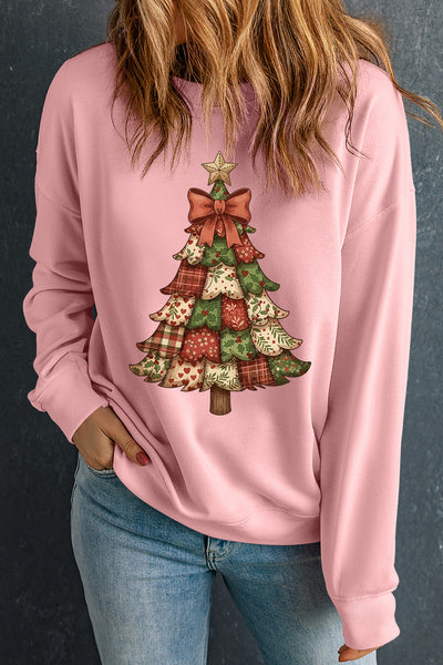 Patchwork Christmas Tree Crewneck Sweatshirt in Pink with practical styling and dependable silhouette control.