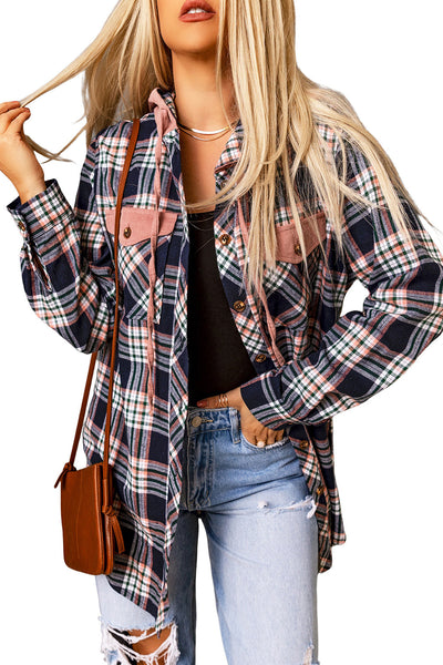 Women's Pink Plaid Shacket with Hood & Drawstring - Trendy Layering Jacket for Effortless Casual Style