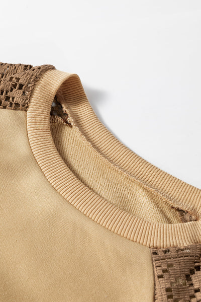 Trendy Women's Khaki Colorblock Sweatshirt with Lace Patchwork Drop Shoulder Style for Ultimate Comfort and Fashion