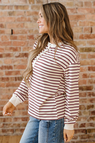 Women's Relaxed Striped Henley Top in Red Dahlia and Cream with practical styling and dependable silhouette control.