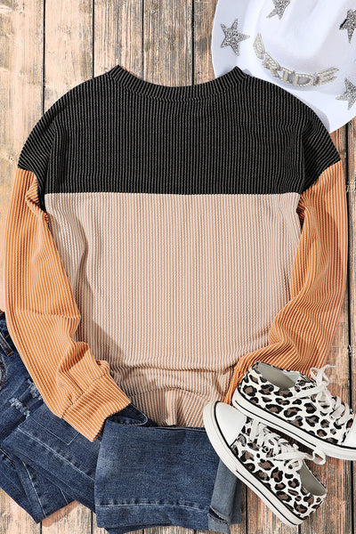 Stylish Women's Black Color Block Ribbed Long Sleeve Top - Relaxed Fit for Effortless Casual Comfort