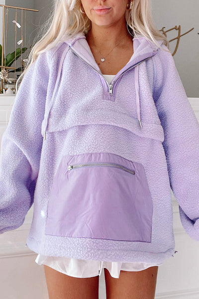 Cozy Women's Lavender Fuzzy Hoodie with Zipped Pockets and Drawstring for Casual Chic Comfort