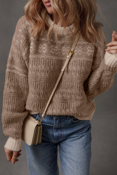 Stylish Women's Dark Brown Geometric Knit Sweater with Contrast Colors and Drop Sleeves Ideal for Casual Layering