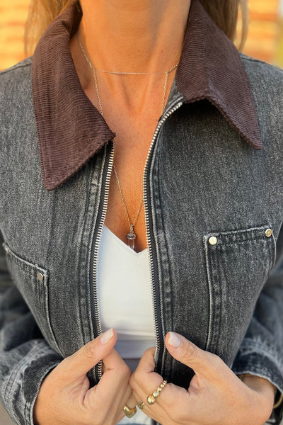 Chic Women's Black Corduroy Denim Jacket with Zipper, Stylish Collar for Effortless Casual Looks