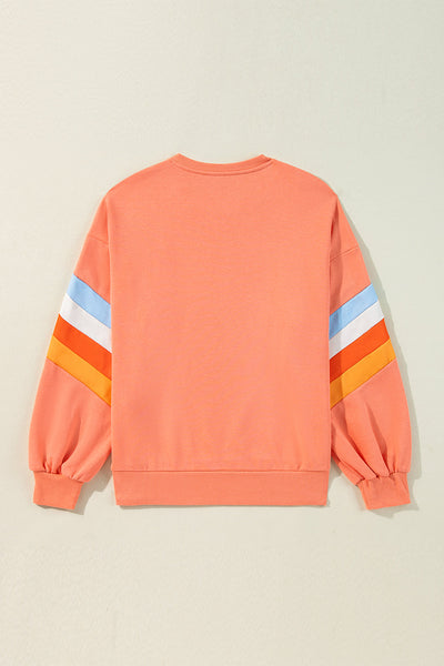 Colorful Women's Loose Fit Crew Neck Sweatshirt with Rainbow Striped Sleeves and Flamingo Design - Casual Style