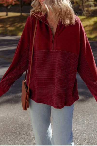 Cozy Women's Red Dahlia Waffle Knit Half-Zip Sweatshirt with Patchwork Design for Casual Everyday Wear