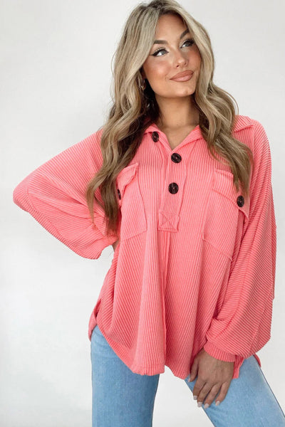 Pink French Terry Oversized Henley Blouse