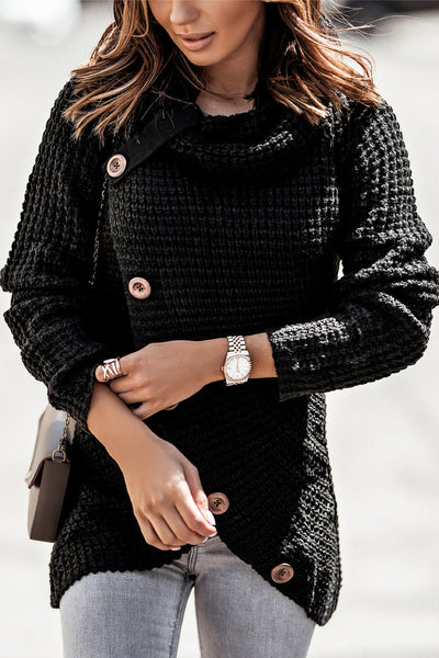 Cozy Black Button-Up Turtleneck Sweater for Women - Versatile Chic Style with a Comfortable Fit
