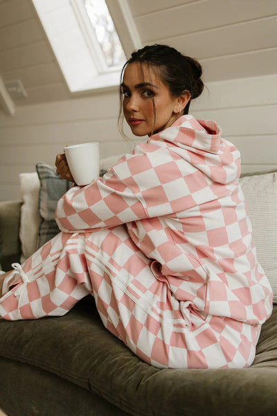 Stylish Women's Pink Checkered Hoodie and Side Stripe Pants Set with Bow Knot - Trendy 2-Piece Loungewear for Comfort