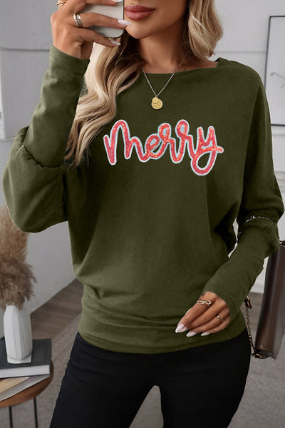 Women's Olive Sequin Merry Dolman Sleeve Top in Long Sleeve Tops