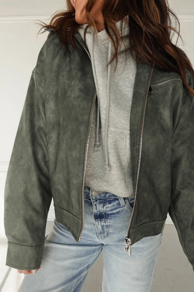 Chic Women's Vintage Green Faux Leather Jacket with Zip-Up Front and Buttoned Pleated Cuffs for Effortless Style