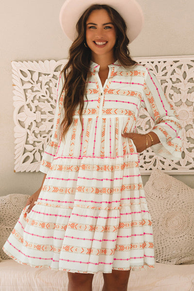 Bohemian Summer Orange Printed Ruffled Dress for Women with Bracelet Sleeves and Slit Neck - Relaxed Fit & Stylish