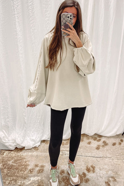 Beige Baggy Sweatshirt for Women Stylish Raw Seam Patchwork Design for Comfortable Casual Outfits