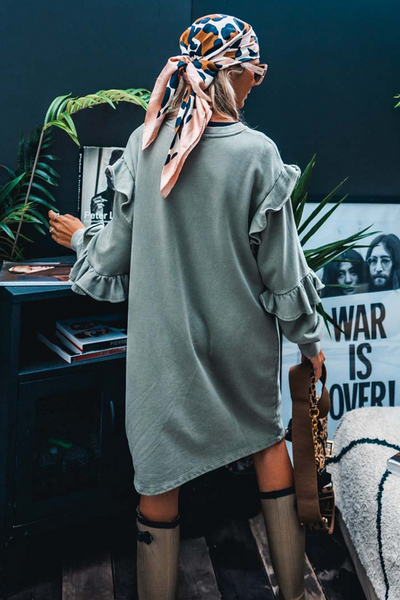 Women's Haze Blue Ruffled Mini Dress - Comfortable Long Sleeve Shift for Effortless Chic Style