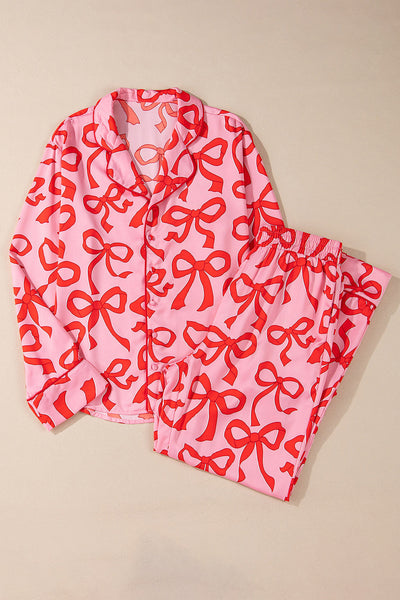 Cozy Women's Pink Bow Print Long Sleeve Pajama Set - Stylish 2-Piece Sleepwear for Comfortable Nights