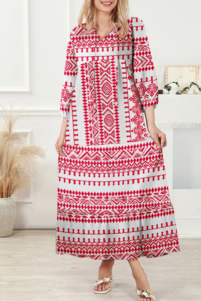 Women's Red Bohemian Geometric Maxi Dress with Half Sleeves