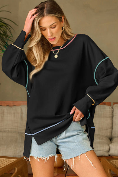 Cozy Women's Black Baggy Sweatshirt with Trendy Contrast Stitching and Chic Split Hem for Stylish Comfort