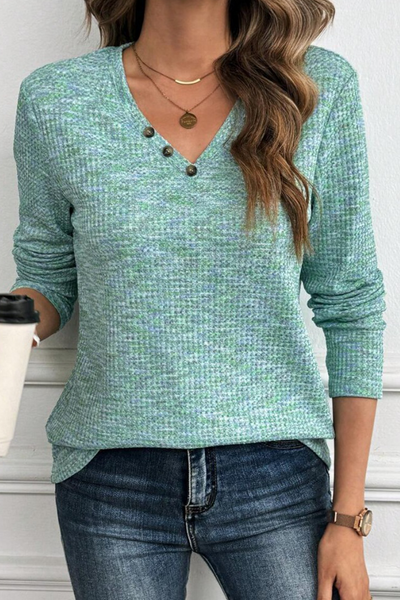 Women's Stylish Moonlight Jade Long Sleeve V-Neck Knit Top with Button Details - Comfortable Everyday Fit