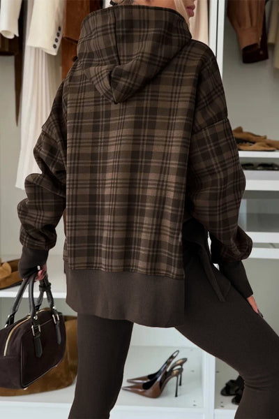 Women's Plaid Patchwork Oversized Hoodie in Chicory Coffee