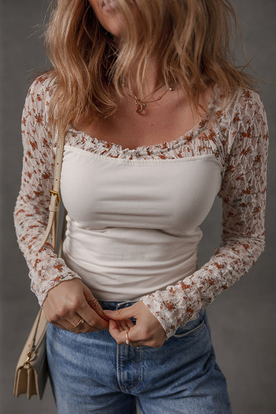 Women's Floral Lace Sleeve Patchwork Blouse with Square Neckline