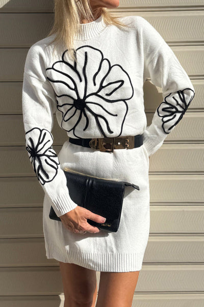 Chic Women's White Floral Embroidered Mini Dress with Mock Neck - Perfect Sweater Style for Spring & Summer Outings