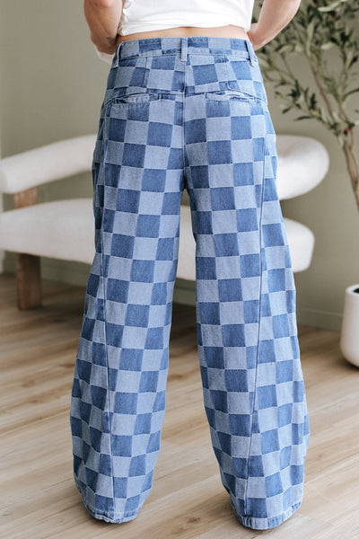 Dusk Blue Checkered Wide Leg Denim Jeans for Women - Stylish, Comfortable Fit for Casual and Chic Looks