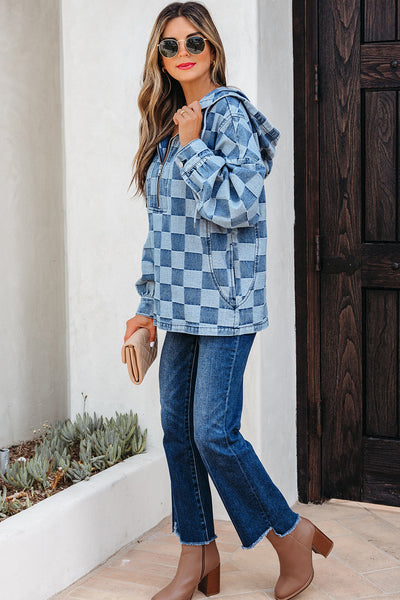 Women's Checkerboard Denim Pullover Hoodie with Quarter-Zip