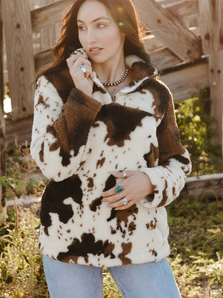 Women's Cow Print Zip Collar Fleece Sweatshirt