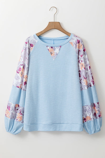 Women's Stylish Women's Beau Blue Floral Patchwork Balloon Sleeve Blouse - Chic Textured Top for Effortless Casual Looks