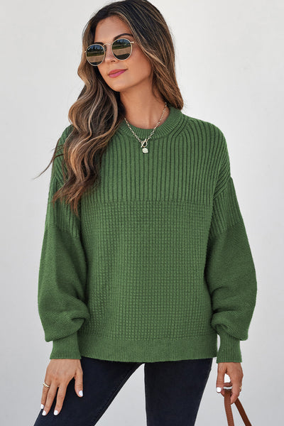 Women's Vineyard Green Mixed-Texture Knit Crewneck Sweater