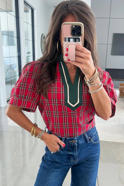 chic women's red plaid v-neck blouse with contrast trim - versatile short sleeve top for casual and office outfits made for easy styling and wardrobe