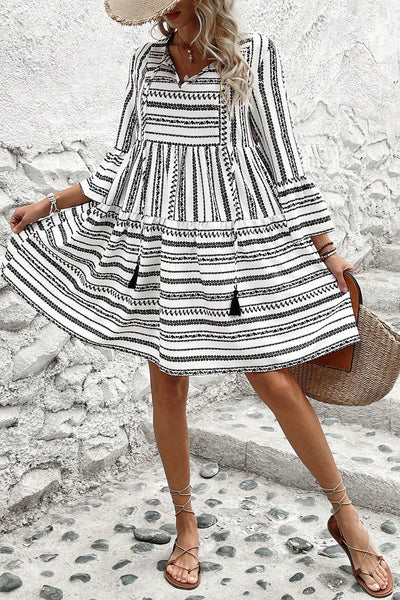 Elegant Women's Black Stripe V-Neck Mini Dress with Flattering Bell Sleeves and High Waist for Effortless Style