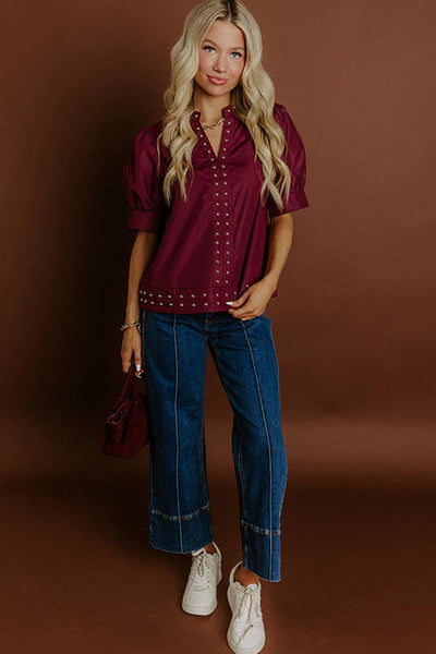 burgundy puff sleeve blouse for women chic v-neck top with rivet details for effortless style and comfort with practical styling and dependable