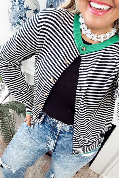 Plus Size Women's Black Striped Button Down Cardigan with Ribbed Trim - Cozy, Stylish Sweater for Year-Round Wear