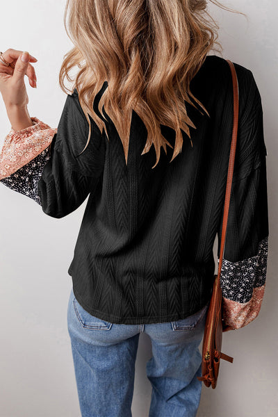 Chic Women's Black Floral Patchwork Knit Blouse - Textured V-Neck with Adjustable Drawstring for a Flattering Silhouette