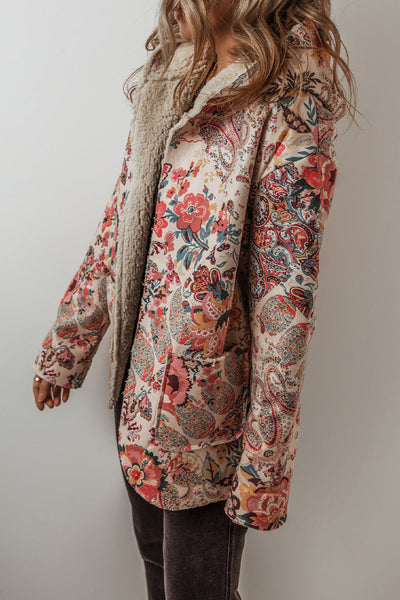 Women's Cozy Beige Vintage Paisley Floral Hooded Jacket with Sherpa Lining for Chic Winter Warmth