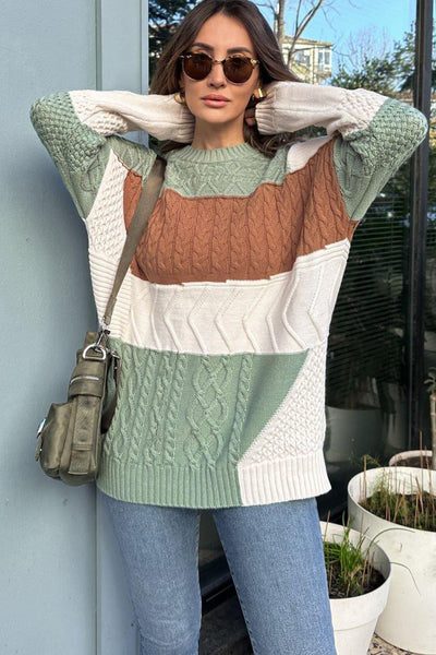 Cozy Women's Green Color Block Knit Sweater with Cable Texture - Relaxed Fit for Effortless Casual Style