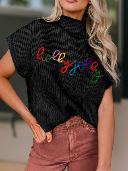 Women's Festive Holly Jolly Black High Neck Short Sleeve Christmas Sweater