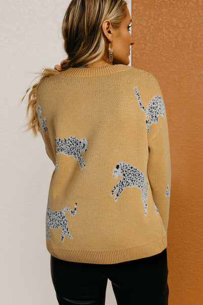 Cozy Camel Cheetah Print Round Neck Sweater