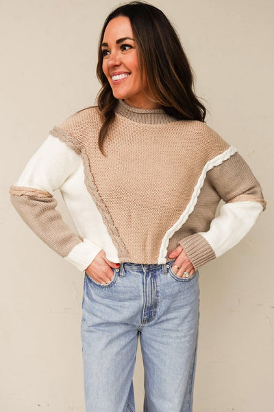 Women's Cozy Khaki Color Block Knit Sweater with Braided Trim Stylish Casual Patchwork Design for Everyday Wear