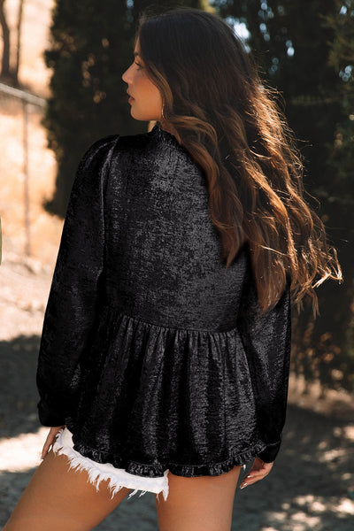 Trendy Women's Black Metallic Frilled V-Neck Babydoll Blouse with Puff Sleeves Chic Style for Every Occasion